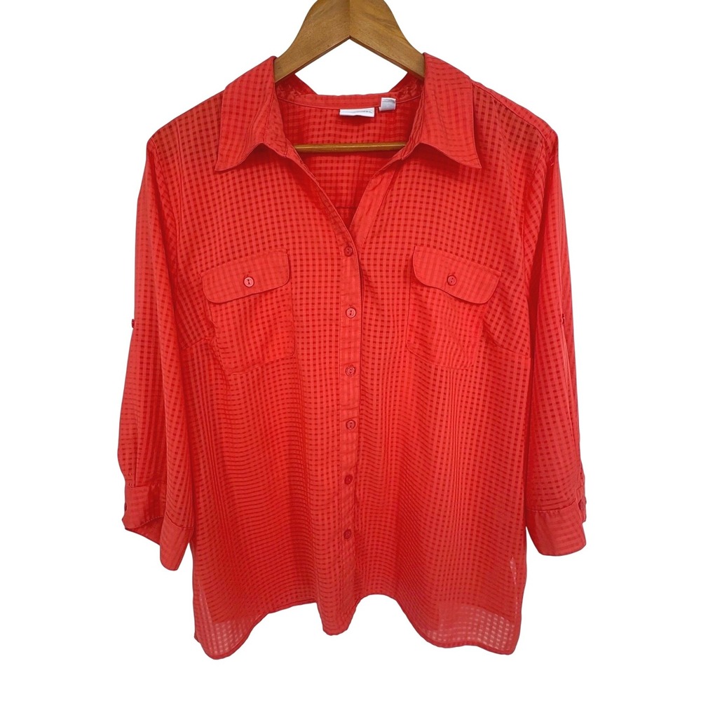 Kim Rogers Button Down Red Orange Grid Roll Tab Sleeve Blouse Women XL